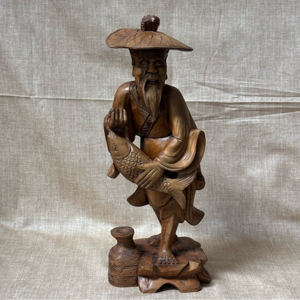 Antique Chinese Wood Carving, Wise Man with big Fish and Jug
